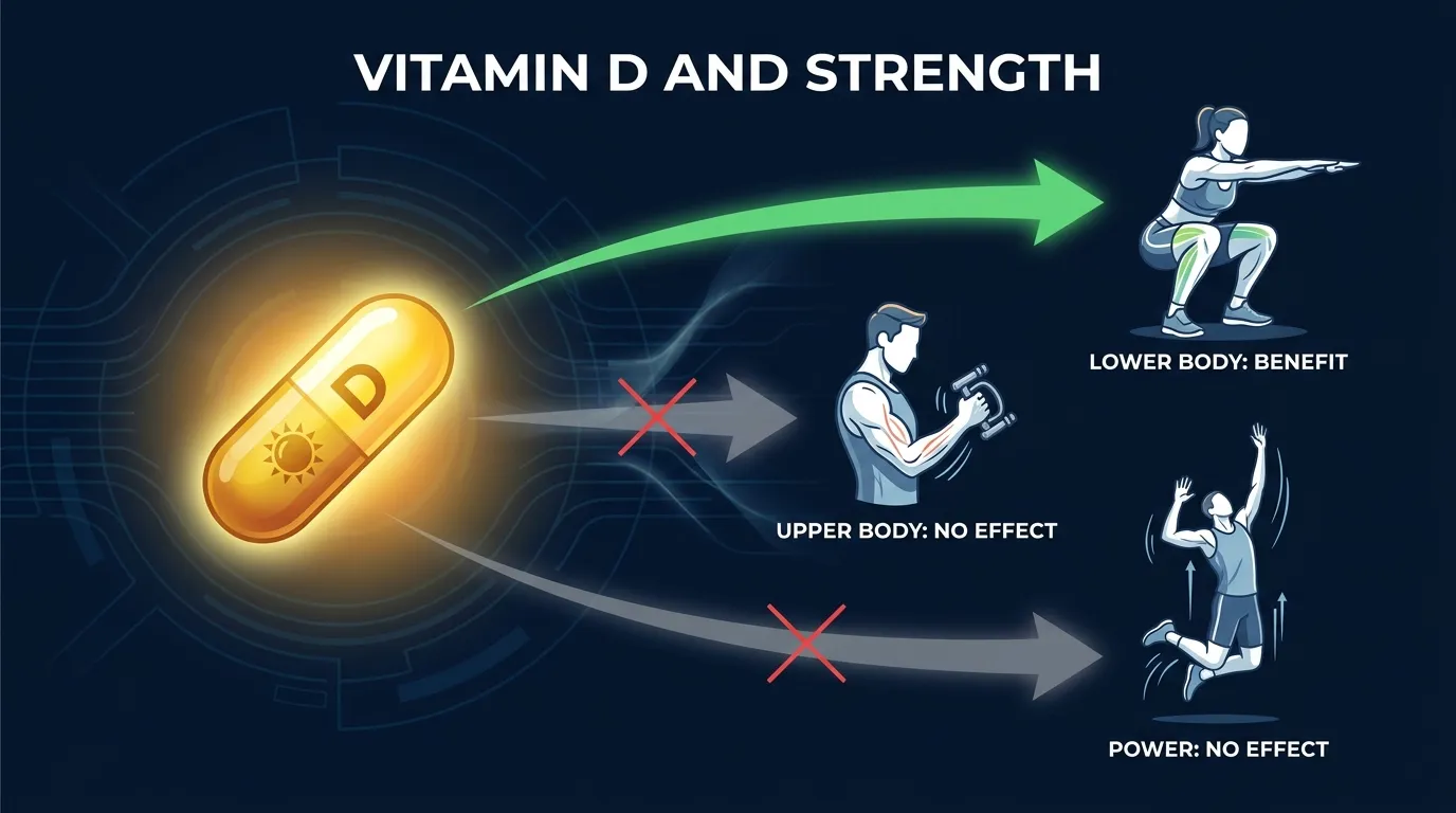 Illustration contrasting popular belief that vitamin D supplements boost athletic performance with the pooled meta-analysis finding of effects only in deficient athletes and only on lower-limb strength