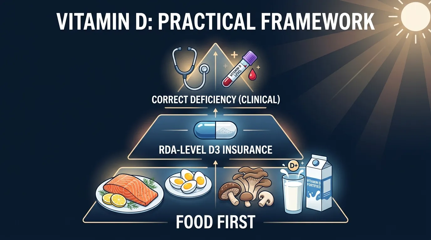 Concept illustration showing the evidence-based vitamin D framework with food first then RDA-level supplementation only when insufficient especially for indoor winter athletes and adults 75 plus