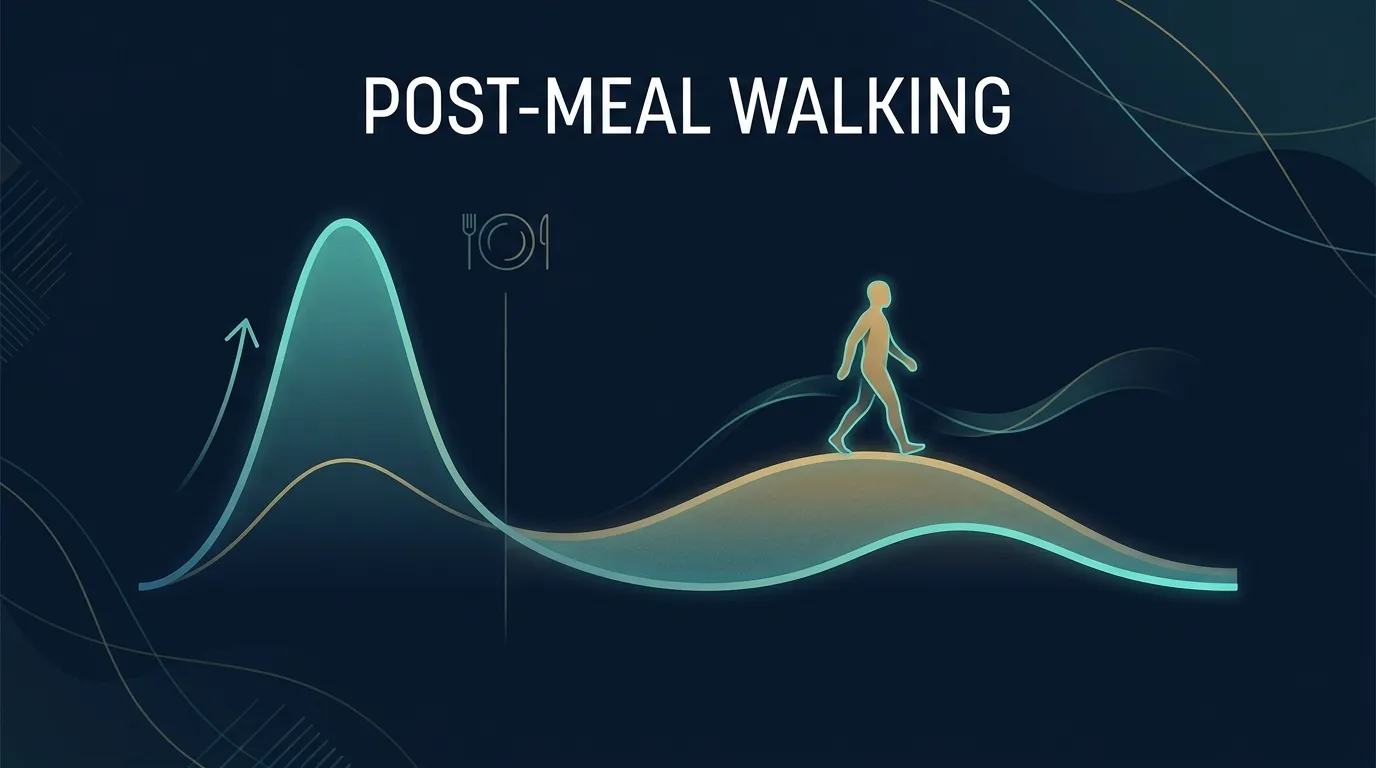 Editorial illustration of a glucose curve with a sharp peak softened into a gentle hill by a small walking figure