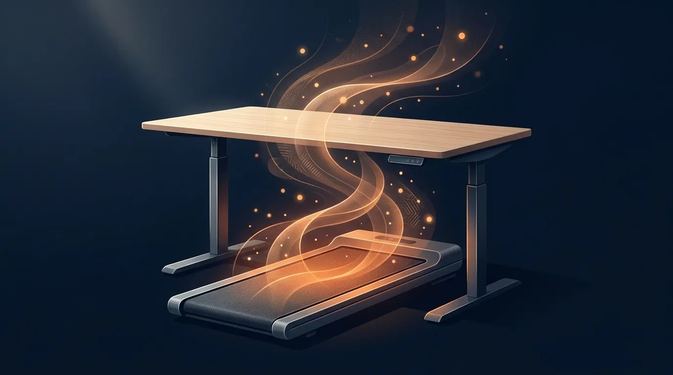 Conceptual illustration of an under-desk walking pad in a home office setting with abstract energy flow lines suggesting calorie expenditure during light walking while working
