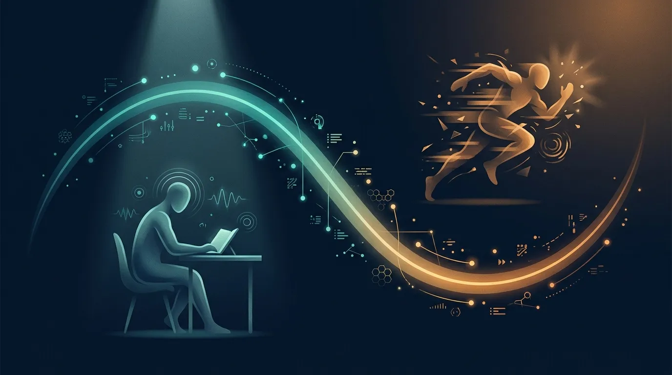 Abstract conceptual visualization of the speed-cognition trade-off for walking pad users showing a smooth curve from comfortable seated work through low-speed walking to higher speeds where typing accuracy and learning performance degrade