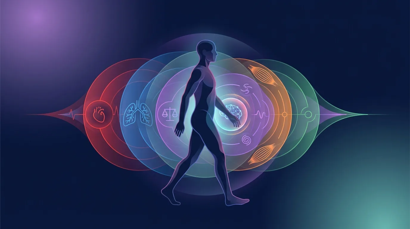 Conceptual illustration showing walking pace as a window into multiple health systems including cardiovascular fitness leg strength balance and neurological function
