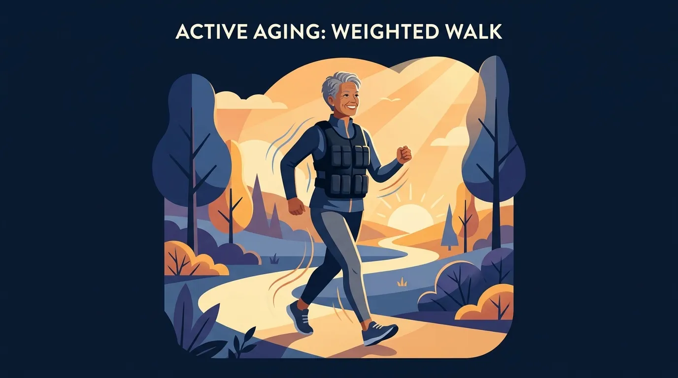 Illustration of an older adult walking briskly outdoors while wearing a form-fitting weighted vest, with subtle motion lines showing loaded stride mechanics