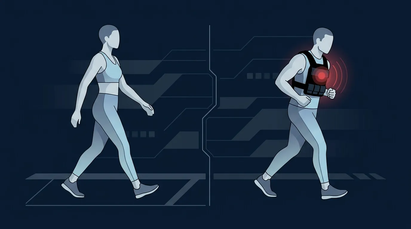Illustration comparing a person walking without a vest and with a weighted vest, with visual indicators showing modestly higher oxygen use and heart rate for the loaded walker