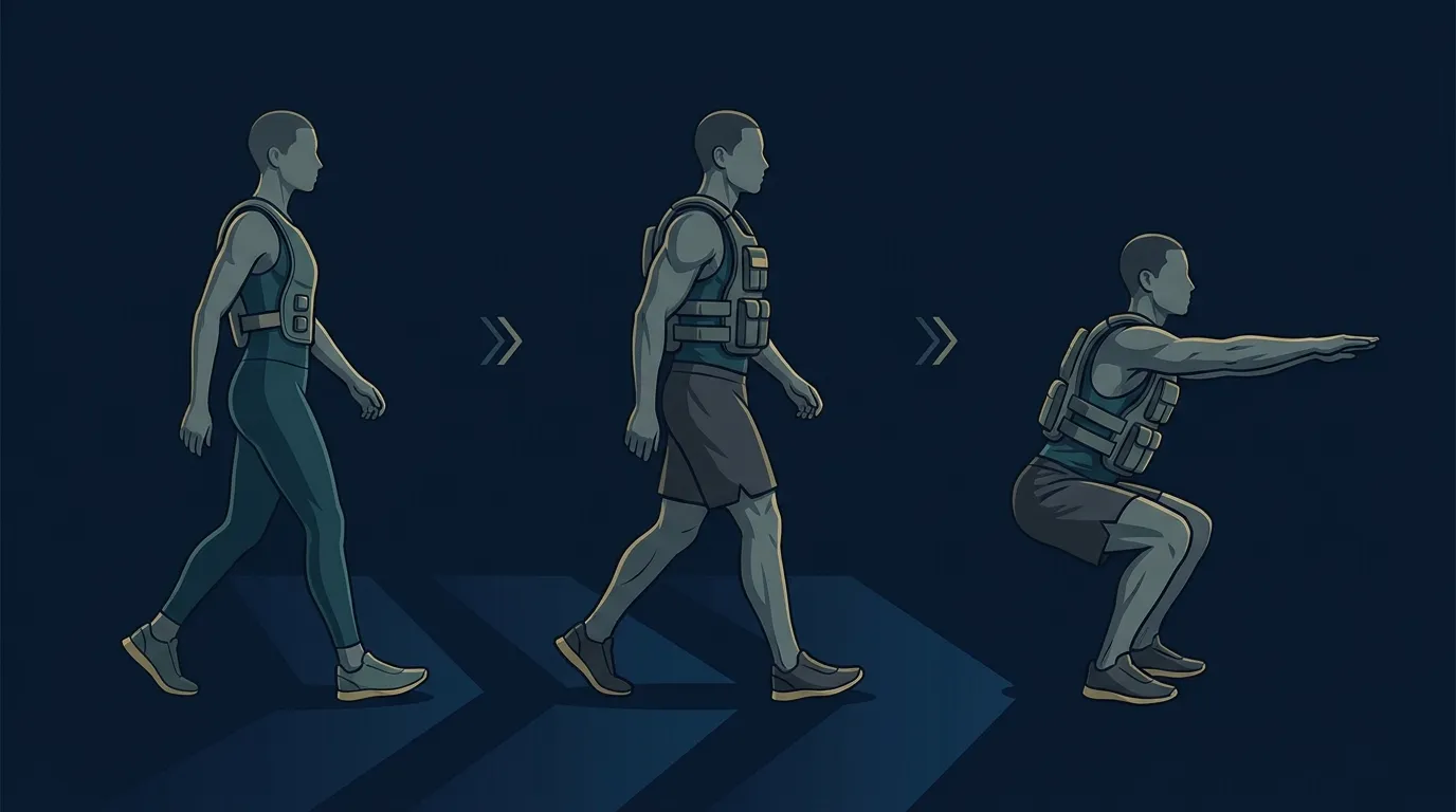 Illustration showing a simple weighted vest progression across weeks, from light load short walk to moderate load with bodyweight strength work