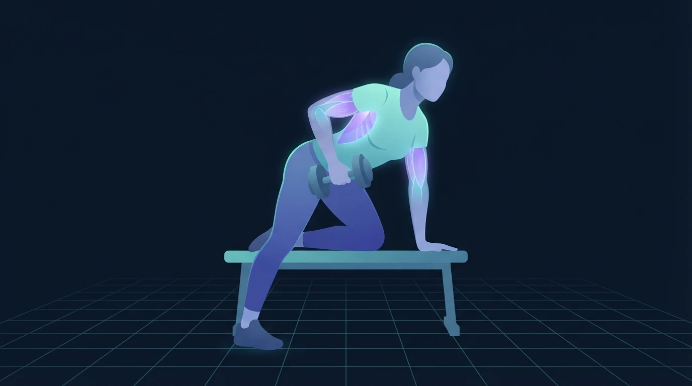 Illustration of an adult performing a single-arm dumbbell row with the upper back, lats and biceps glowing to show the resistance training that protects lean mass during a deficit