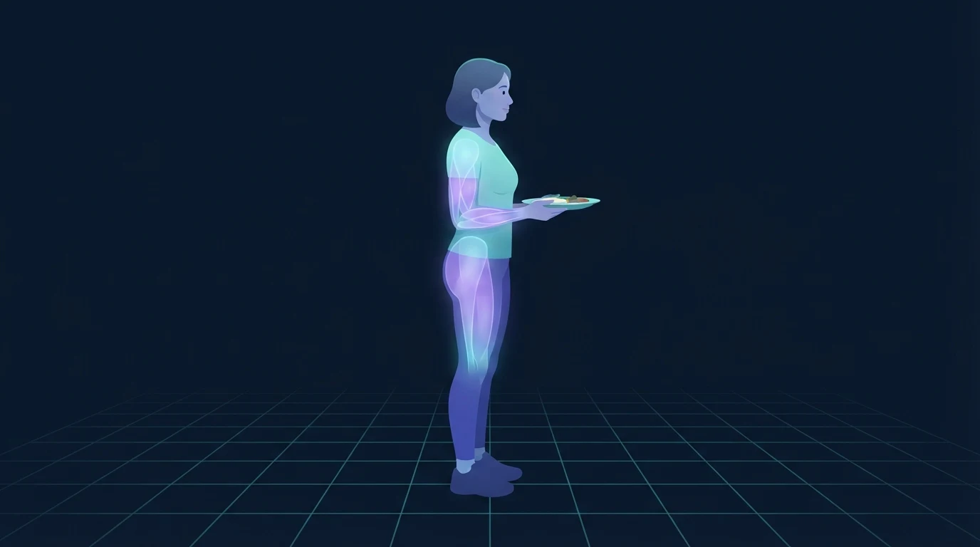 Illustration of an adult holding a plate of food while the torso, hips and thighs glow to represent the stored energy the body draws on when intake falls below expenditure
