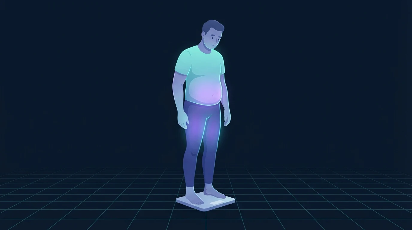 Illustration of an adult standing on a blank bathroom scale looking down, with the abdomen and thighs glowing to show stored energy leaving slowly rather than in a straight line