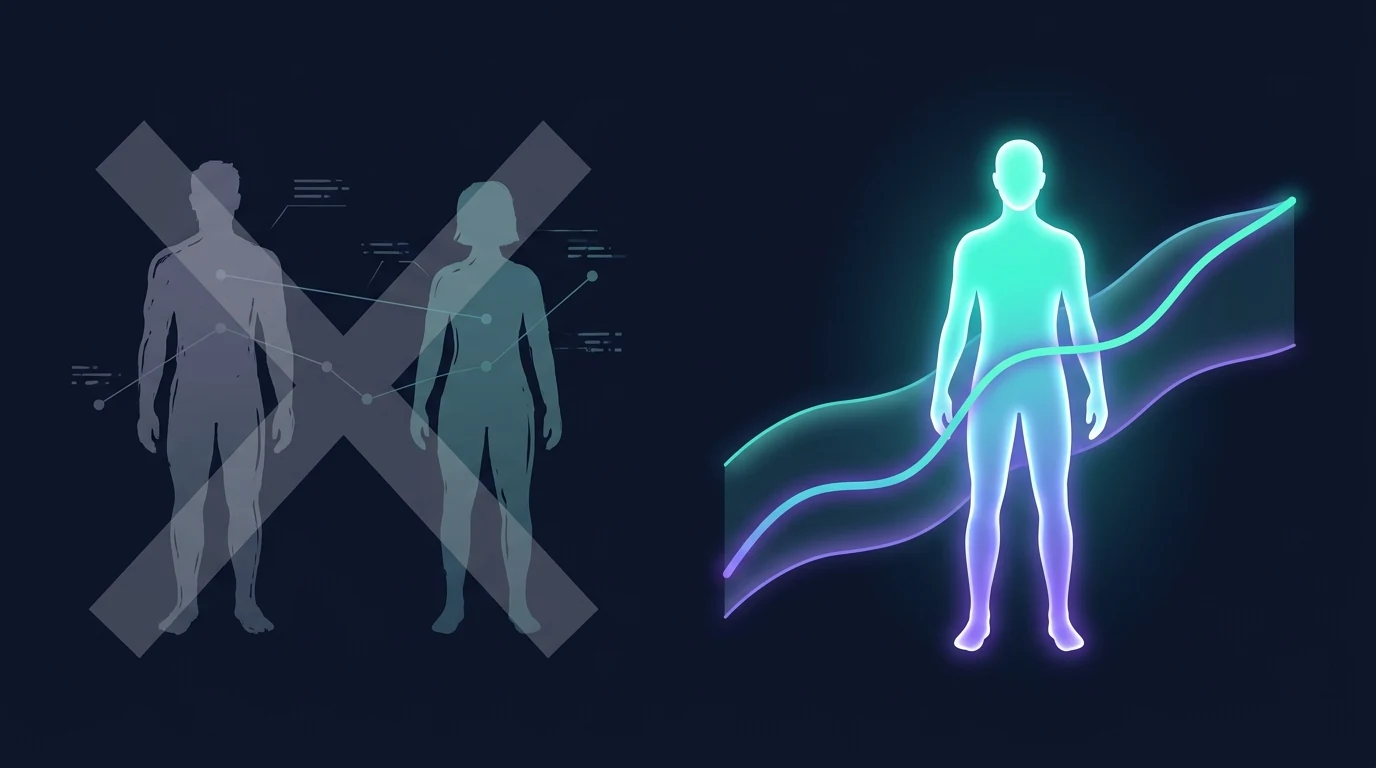 Concept illustration contrasting a person comparing their HRV number to a stranger with an X, versus the same person tracking their own personal baseline band over time with a check mark, emphasizing self-comparison over peer comparison