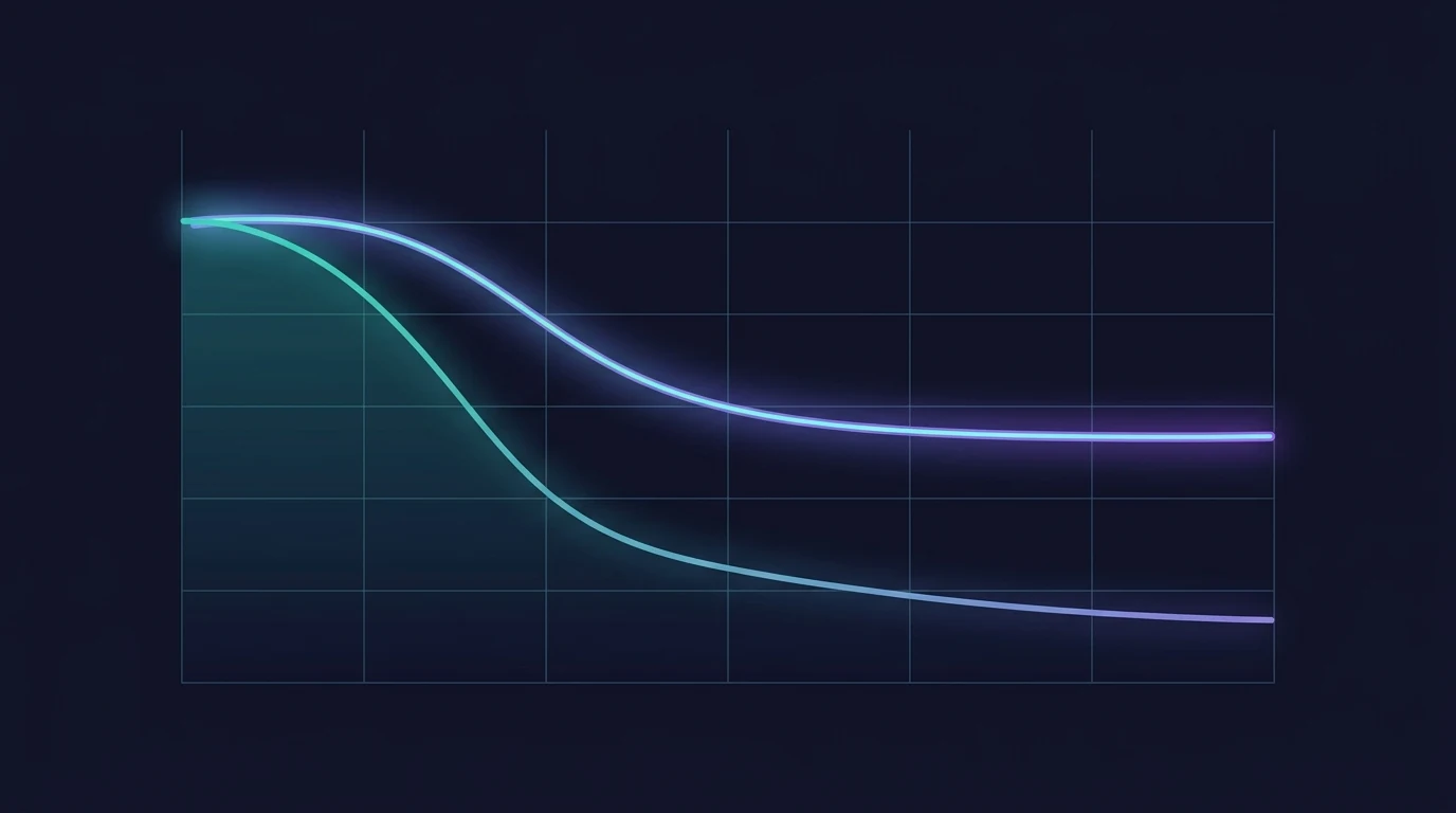 Concept illustration of a curve showing HRV declining fastest between the twenties and forties then flattening in older age, with a separate overlaid line showing trained individuals maintaining higher HRV than untrained peers of the same age