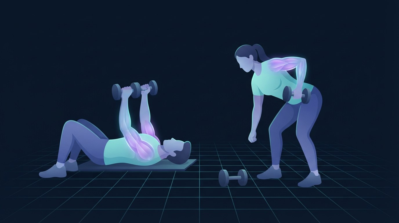 Two figures training at the same time, one pressing dumbbells from the floor with the chest lit up and one rowing a dumbbell with the upper back lit up