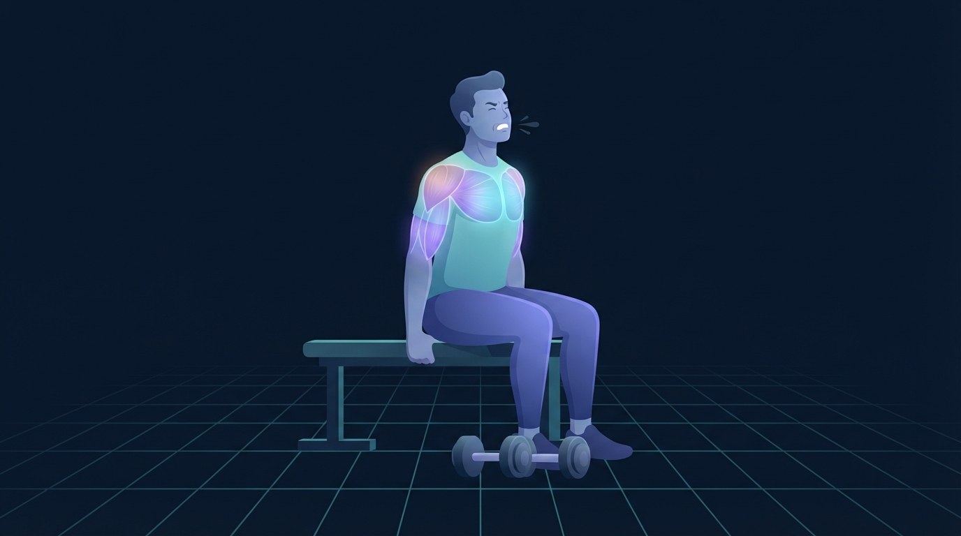 A lifter sitting upright on a bench between sets, breathing hard, with the chest and shoulder muscles still lit up and dumbbells resting on the floor