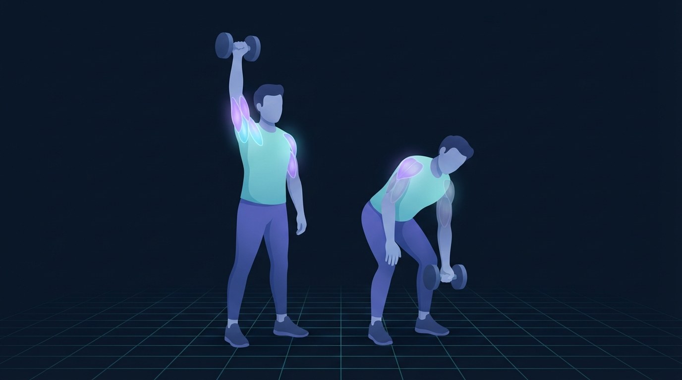 Two lifters pressing overhead, the left one upright with brightly lit shoulder muscles and the right one slumped forward after the same press with the same muscles barely lit