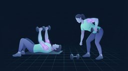 Two figures training at the same time, one pressing dumbbells from the floor with the chest lit up and one rowing a dumbbell with the upper back lit up