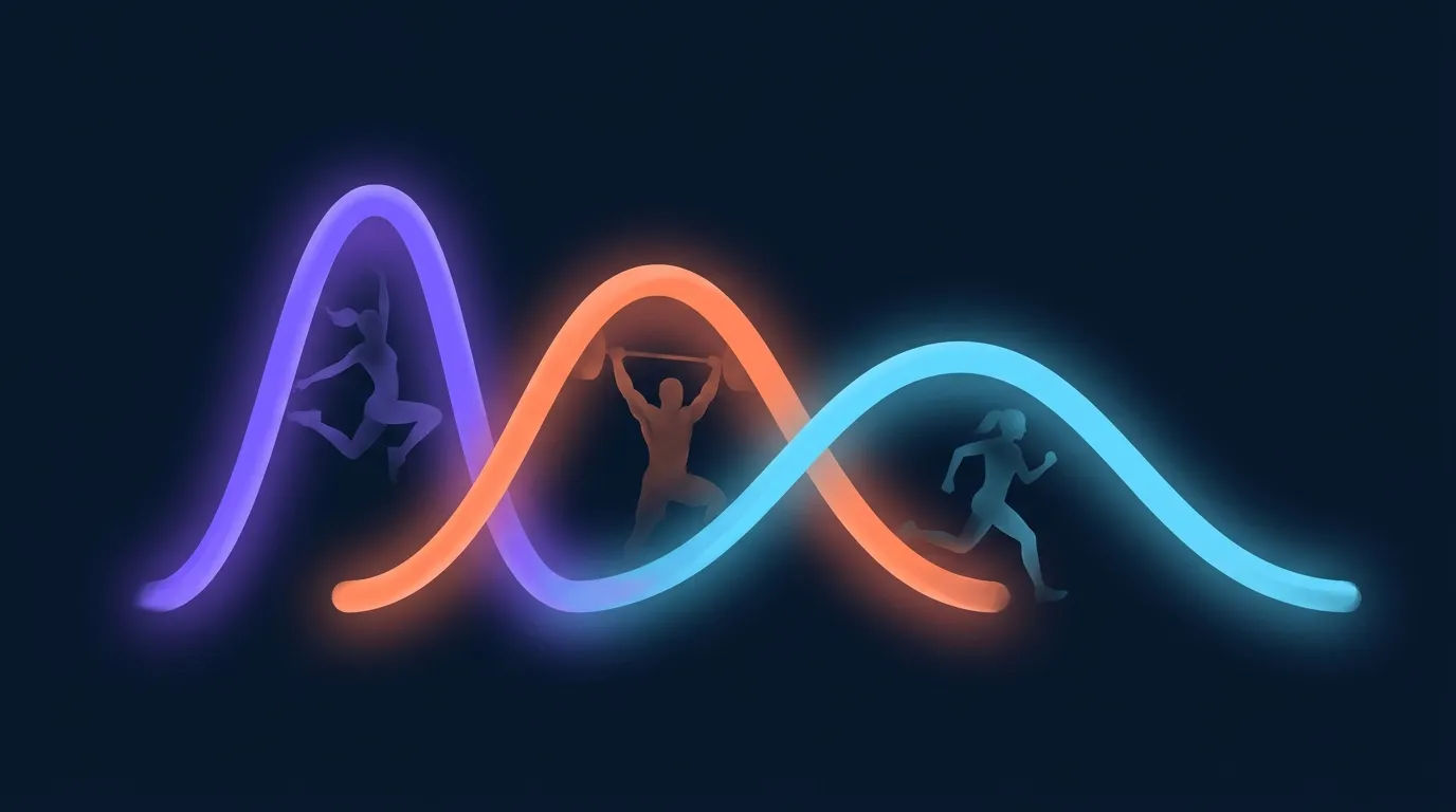 Editorial illustration of a lifespan curve showing aerobic capacity, strength, and power rising through young adulthood, peaking at different ages, and declining at different rates with age