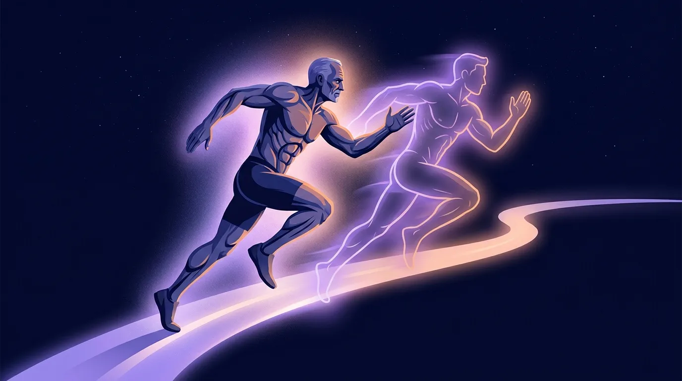 Editorial illustration of an older adult mid-stride on a path, with a translucent younger figure ahead representing past peak fitness, conveying the idea of regaining ground