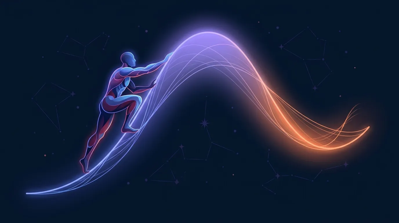 Editorial illustration of a rising arc over a lifetime that peaks in early adulthood, followed by a gentle descending slope that steepens with age, representing how physical capacity rises and falls