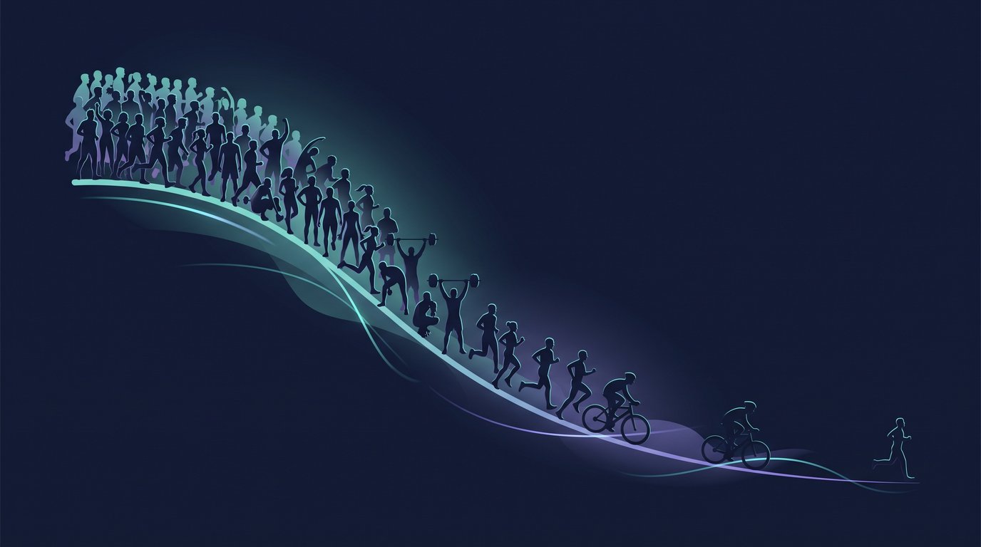 Editorial illustration of a workout adherence drop-off curve showing most new exercisers quitting within the first three months against a dark navy background
