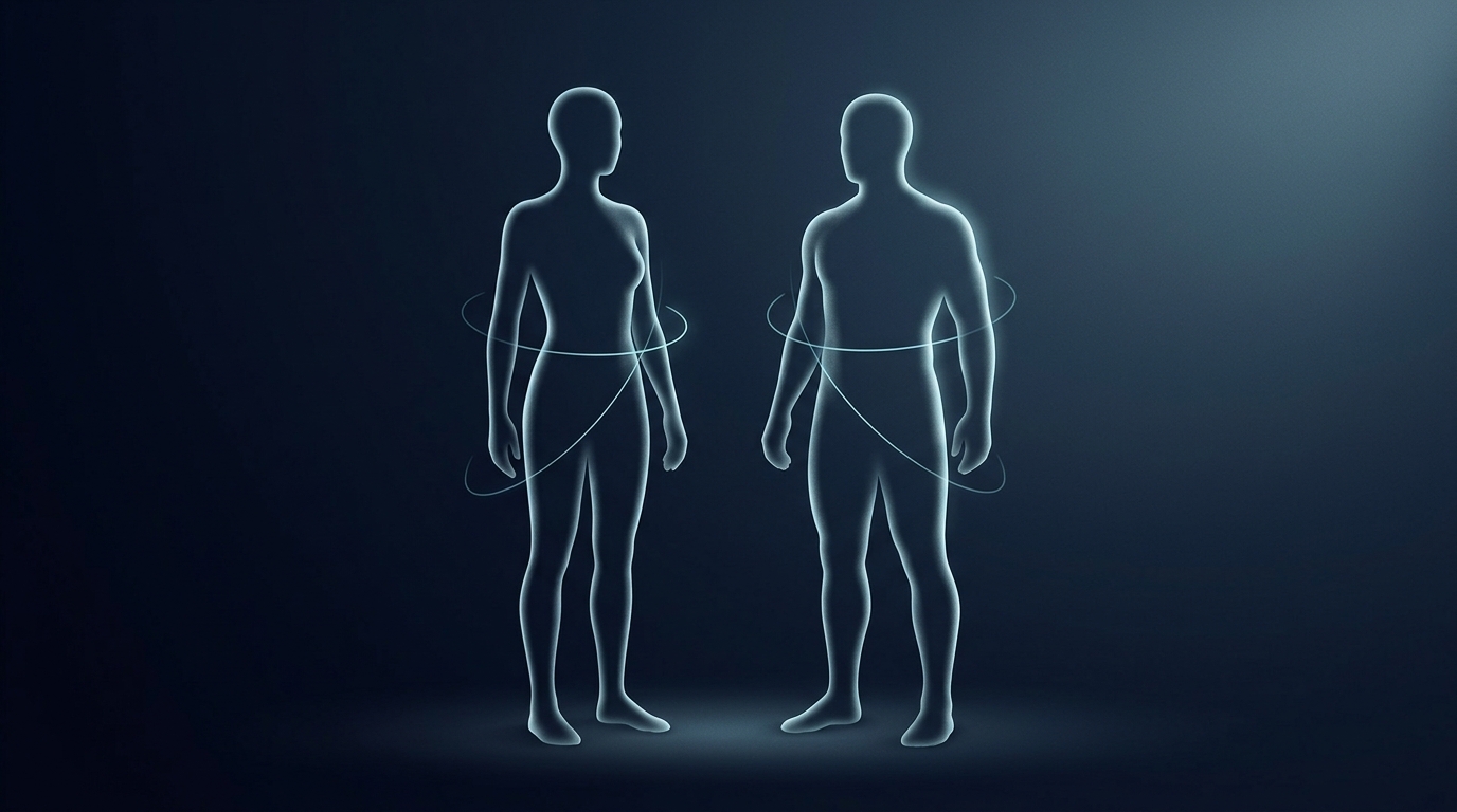 Two abstract human silhouettes side by side with measuring arcs around their midsections, illustrating the concept of body proportion measurement that pairs BMI with waist-to-height ratio