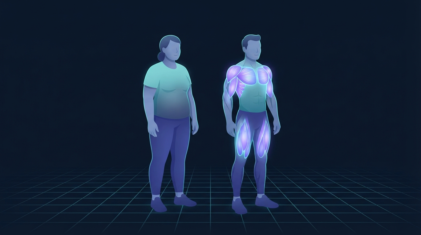 Illustration of two adults at the same height and body weight, the leaner and more muscular one with shoulders, chest and thighs glowing to show that lean tissue drives resting metabolic rate