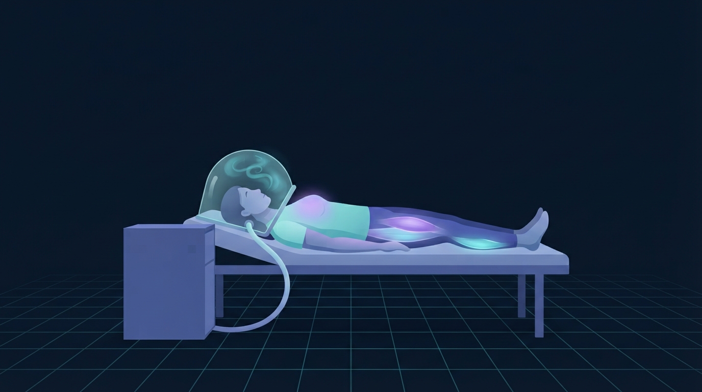 Illustration of indirect calorimetry showing an adult lying still under a clear ventilated hood connected to a measurement cabinet, the reference method behind every BMR equation