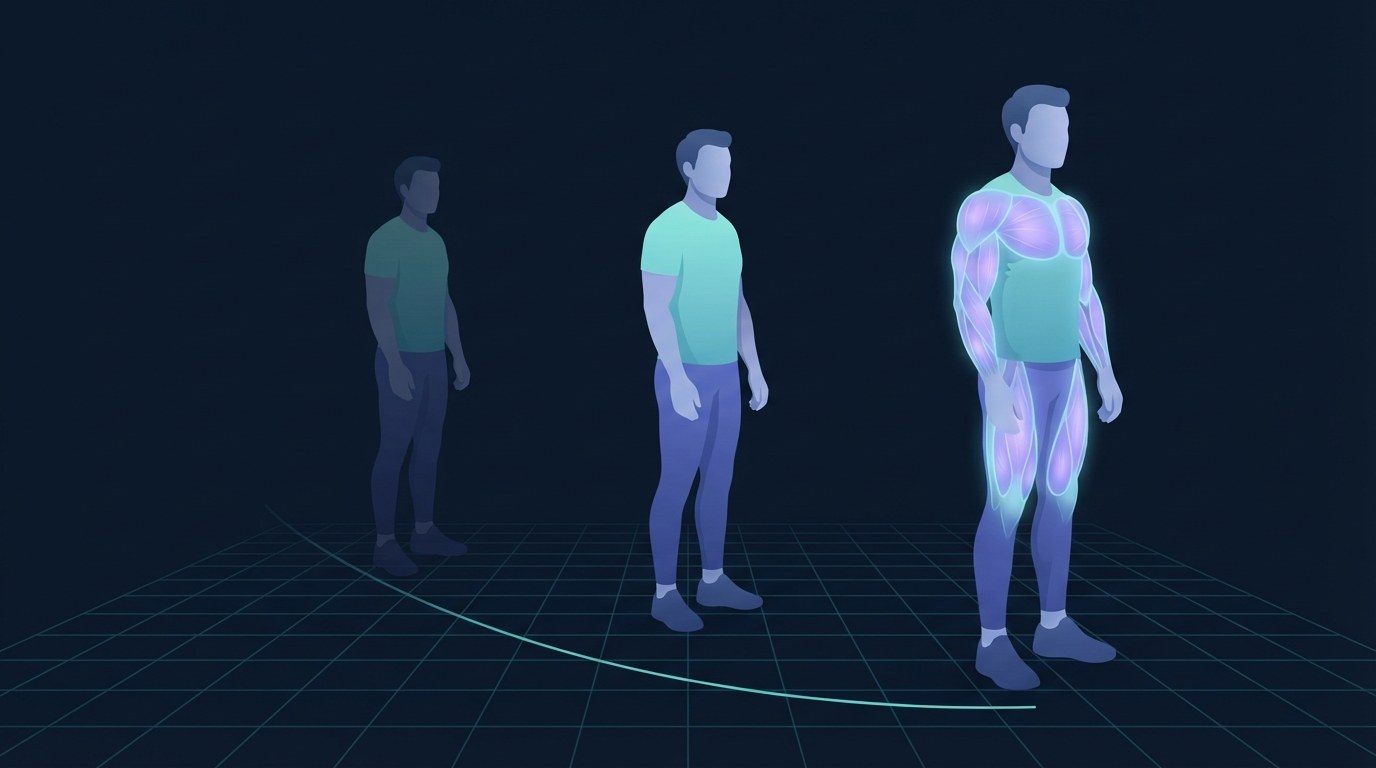 Illustration of the same figure at three stages spaced across a grid floor, each progressively more muscular, representing the slow pace of visible body recomposition change