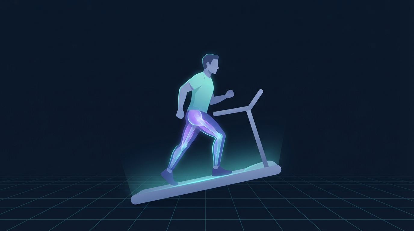 Illustration of a person walking on a steeply inclined treadmill deck with the glutes, hamstrings and calves highlighted