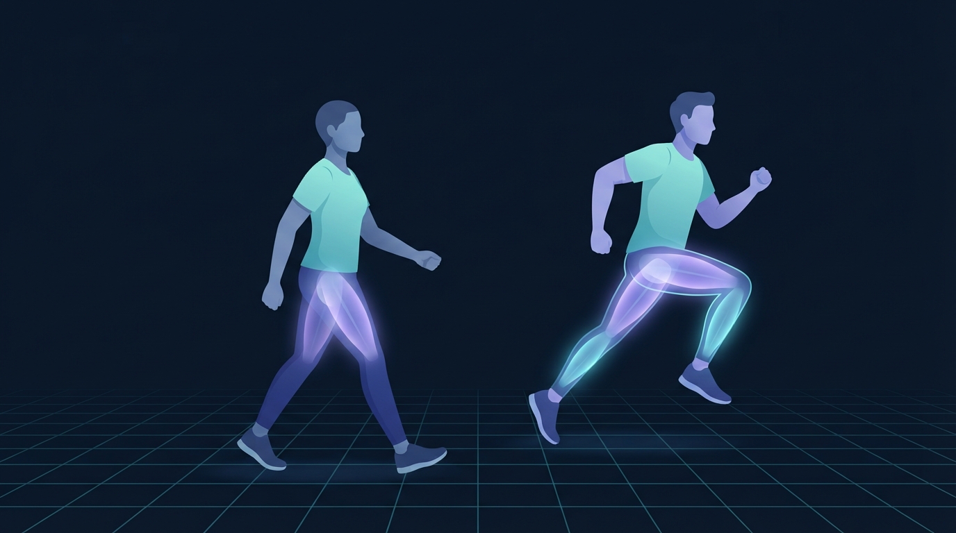 Illustration comparing the energy cost of walking and running, with the running figure's working leg muscles glowing more brightly than the walking figure's