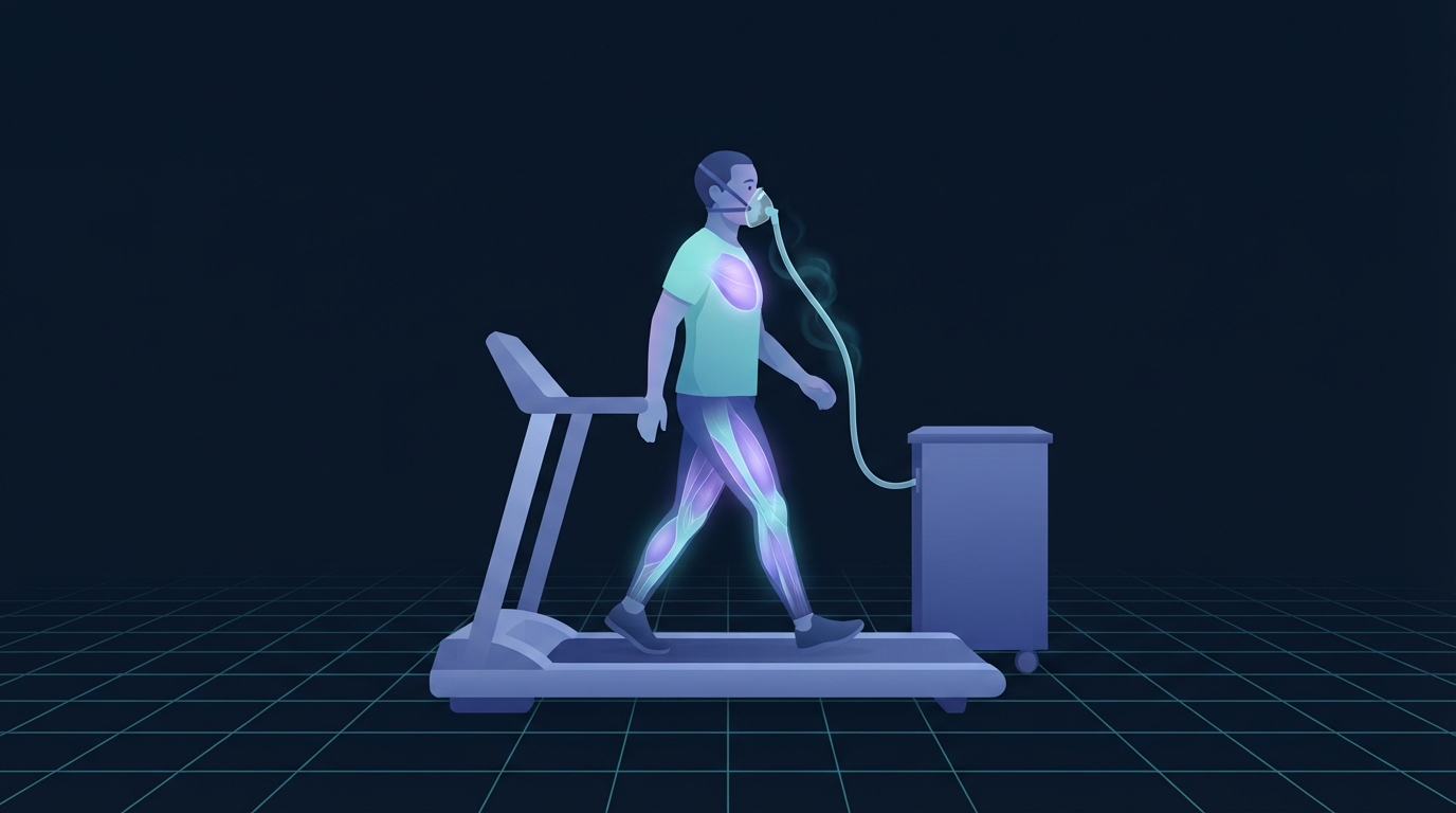 Illustration of indirect calorimetry during treadmill walking, with a breathing mask and gas analysis cart measuring oxygen uptake