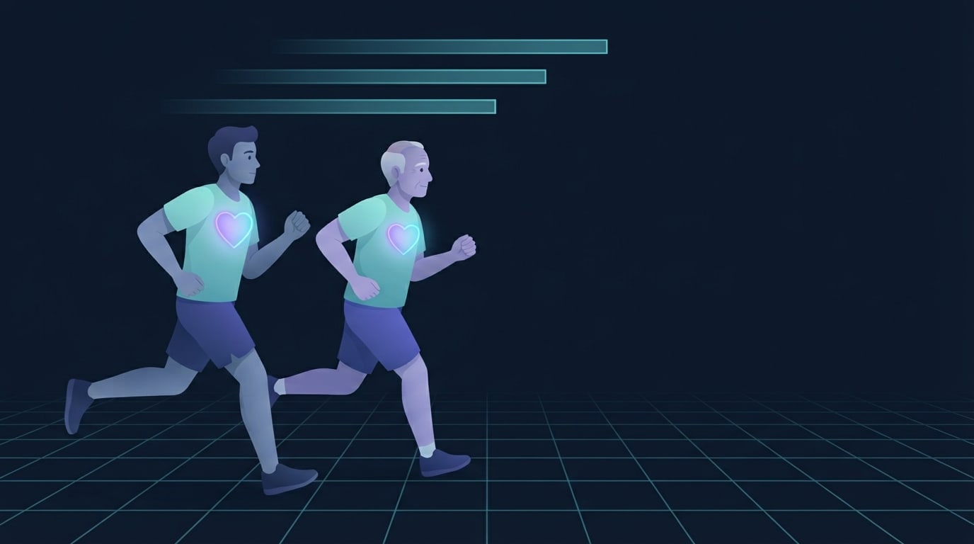 Illustration of a younger runner and an older runner side by side beneath three translucent bands, showing how three age-based max heart rate formulas disagree about the same ceiling