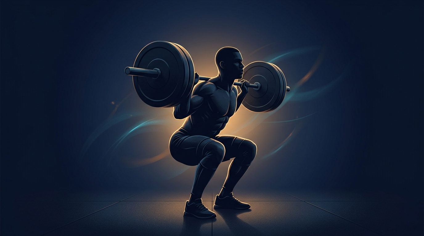 Silhouette of an athlete performing a heavy back squat with a loaded barbell representing a compound lift used for accurate one rep max estimation