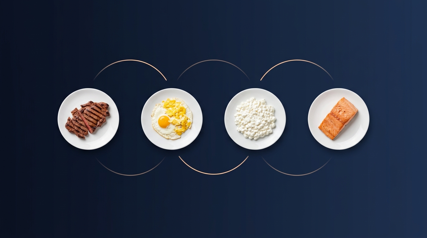 Illustration showing protein distribution across four daily meals for optimal muscle protein synthesis based on Schoenfeld and Aragon 2018 research