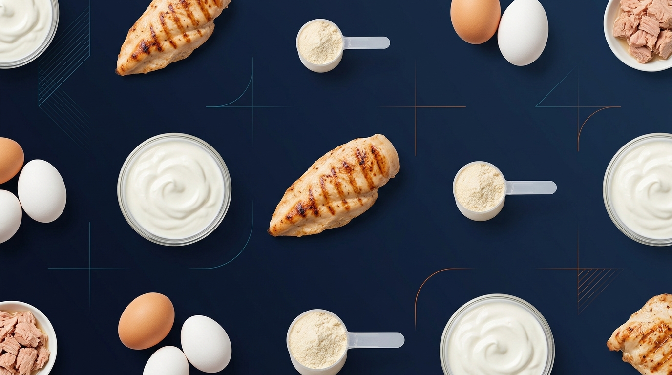 Conceptual illustration of protein intake recommendations across different goals showing daily targets for muscle gain, fat loss, and general health