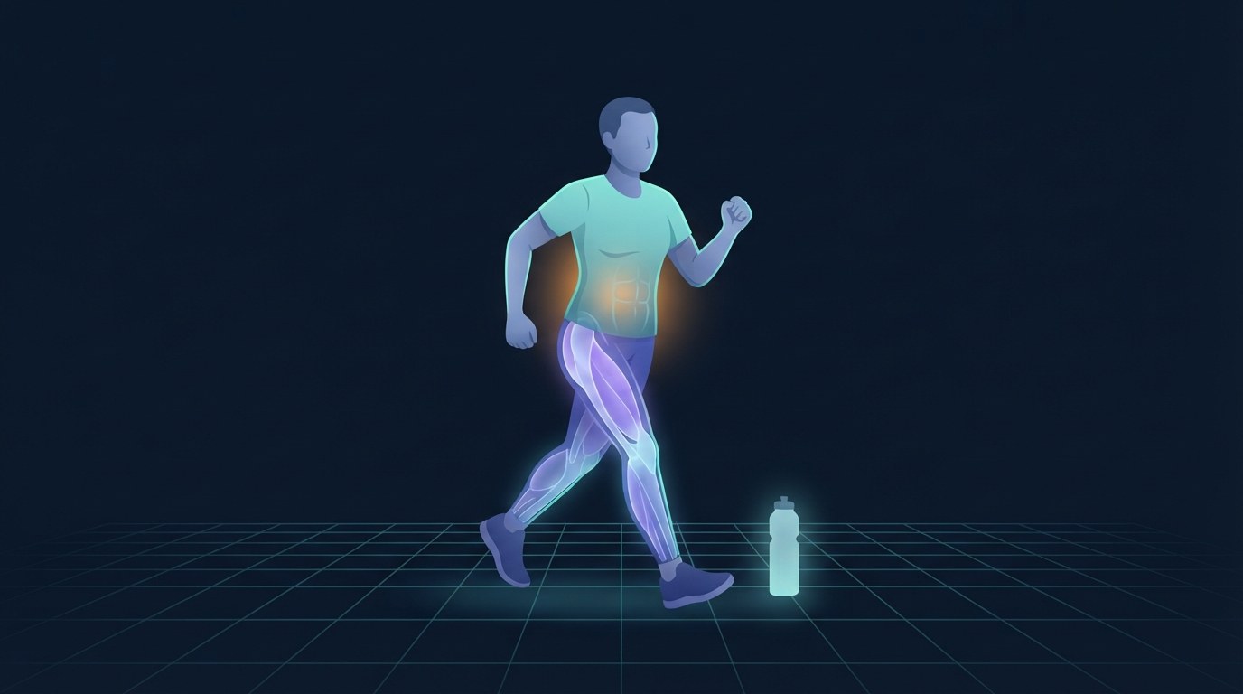 Illustration of a brisk walker with the working leg muscles and core glowing, representing the energy cost of a step count