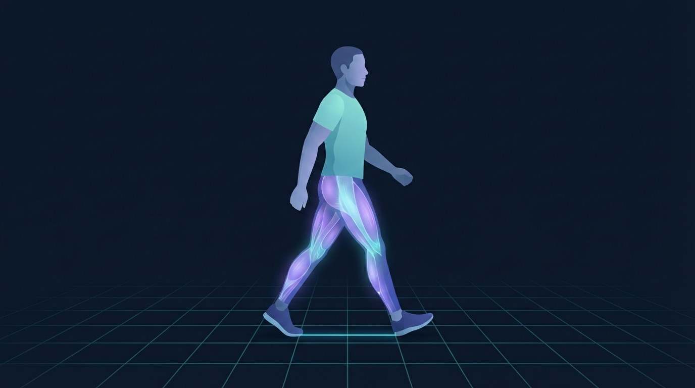 Illustration of a walker mid-step with the distance between the two footfalls highlighted, showing what step length means in a steps to miles conversion