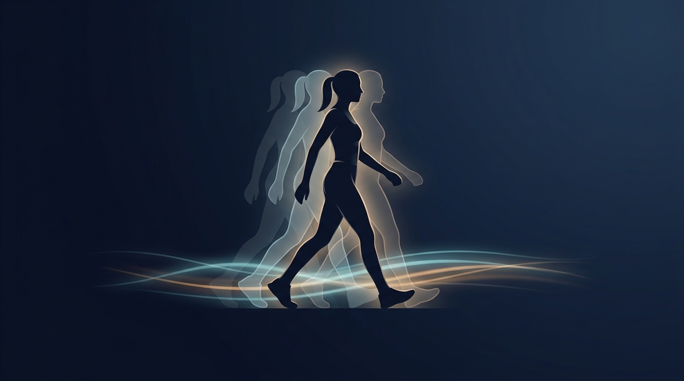 Illustration showing a walking silhouette with motion-blur trails representing daily NEAT and activity-driven calorie burn variability between individuals