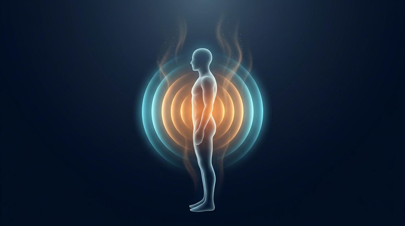 Conceptual illustration of basal metabolic rate showing a human silhouette radiating thermogenic heat representing the energy a body burns at rest
